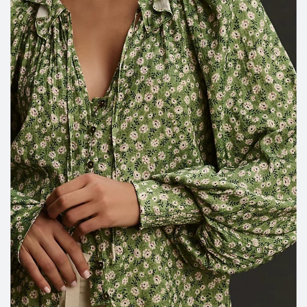 Anthropologie Green Floral Blouse